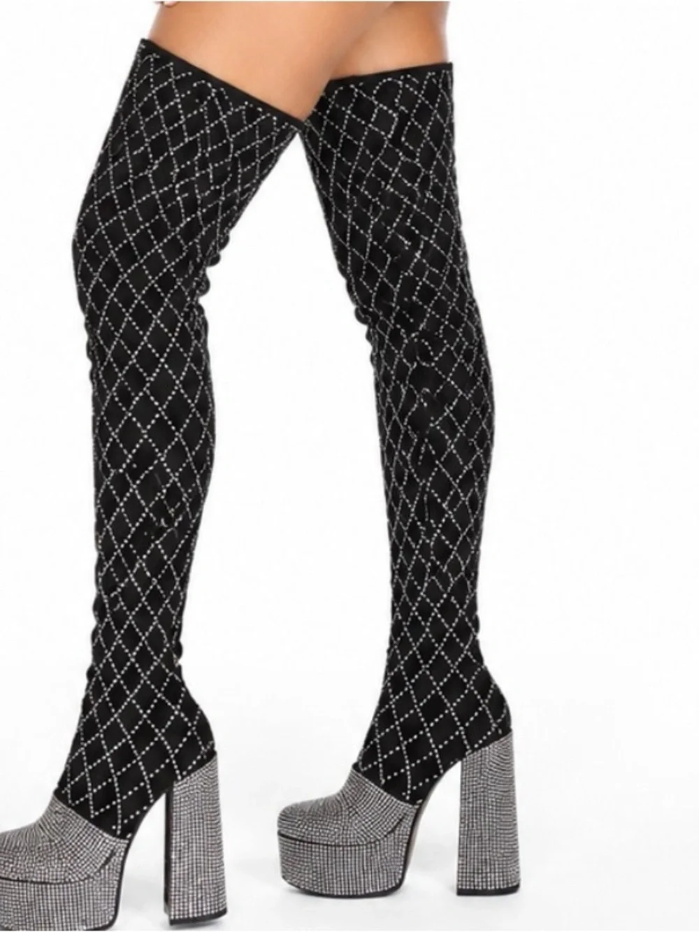 Gorgeous Black Crystal-Studded Over-the-Knee Platform Boots